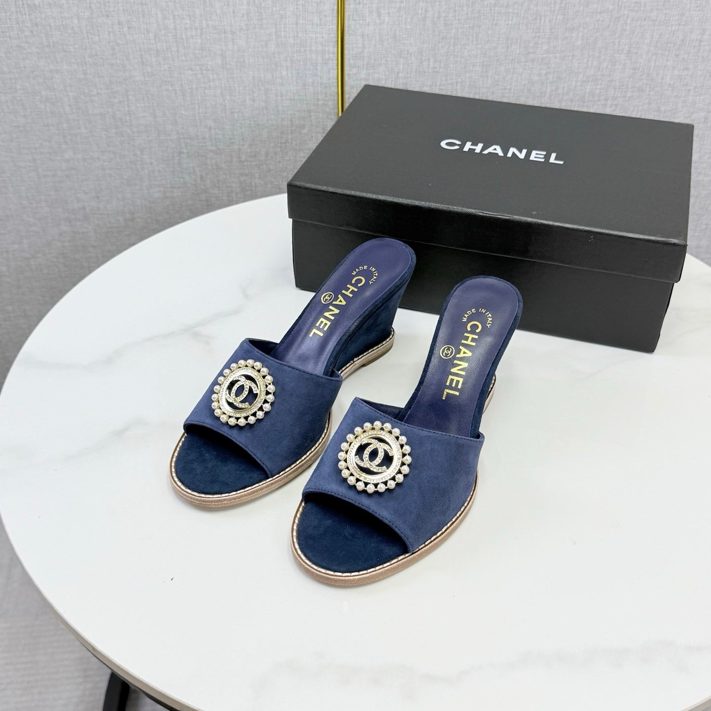 CHANEL 26S WEDGE HEELS IN DARK BLUE SUEDE WITH CC PEARL EMBELLISHED