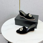 CHANEL 26S WEDGE HEELS IN BLACK SUEDE WITH CC PEARL EMBELLISHED