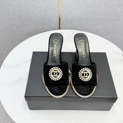 CHANEL 26S WEDGE HEELS IN BLACK SUEDE WITH CC PEARL EMBELLISHED