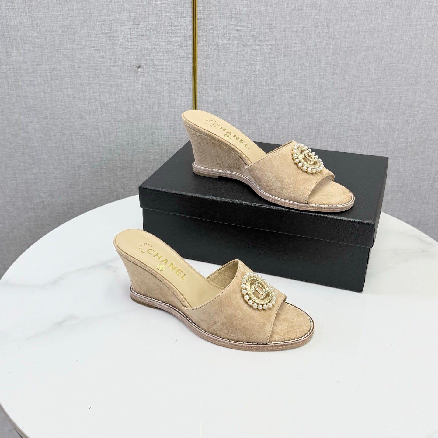 CHANEL 26S WEDGE HEELS IN BEIGE SUEDE WITH CC PEARL EMBELLISHED
