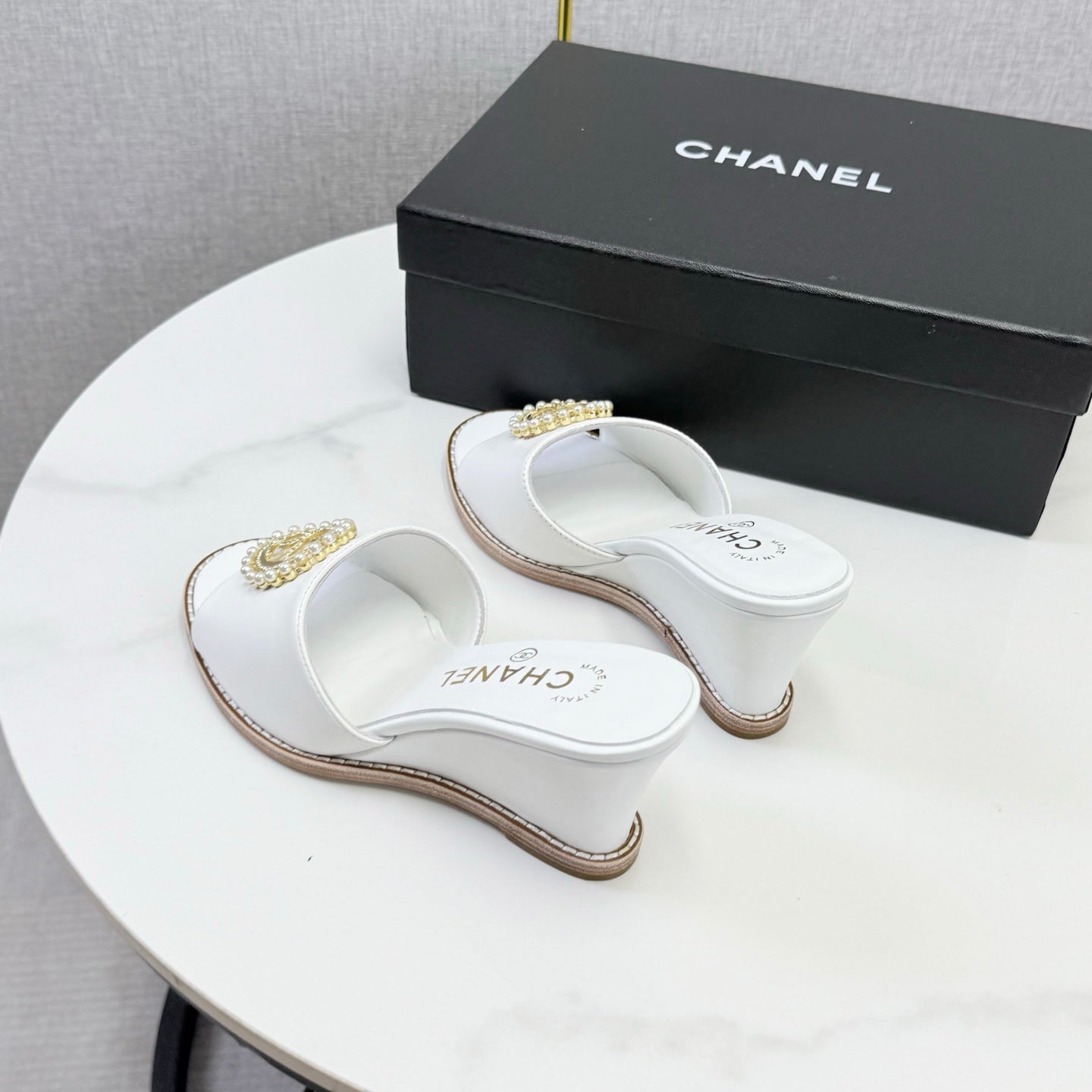 CHANEL 26S WEDGE HEELS IN WHITE LAMBSKIN WITH CC PEARL EMBELLISHED