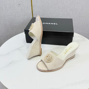 CHANEL 26S WEDGE HEELS IN LIGHT BEIGE SUEDE WITH CC PEARL EMBELLISHED