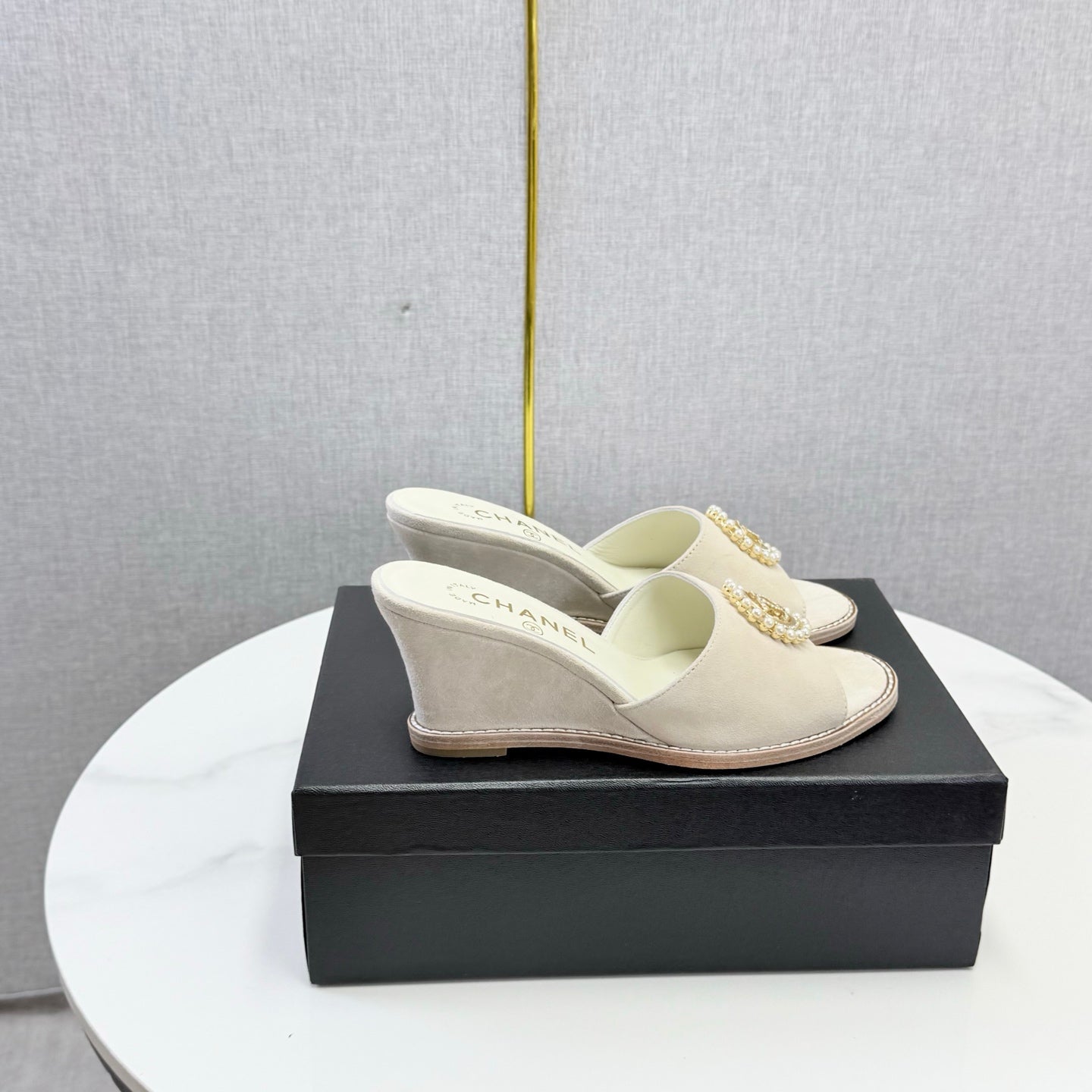 CHANEL 26S WEDGE HEELS IN LIGHT BEIGE SUEDE WITH CC PEARL EMBELLISHED