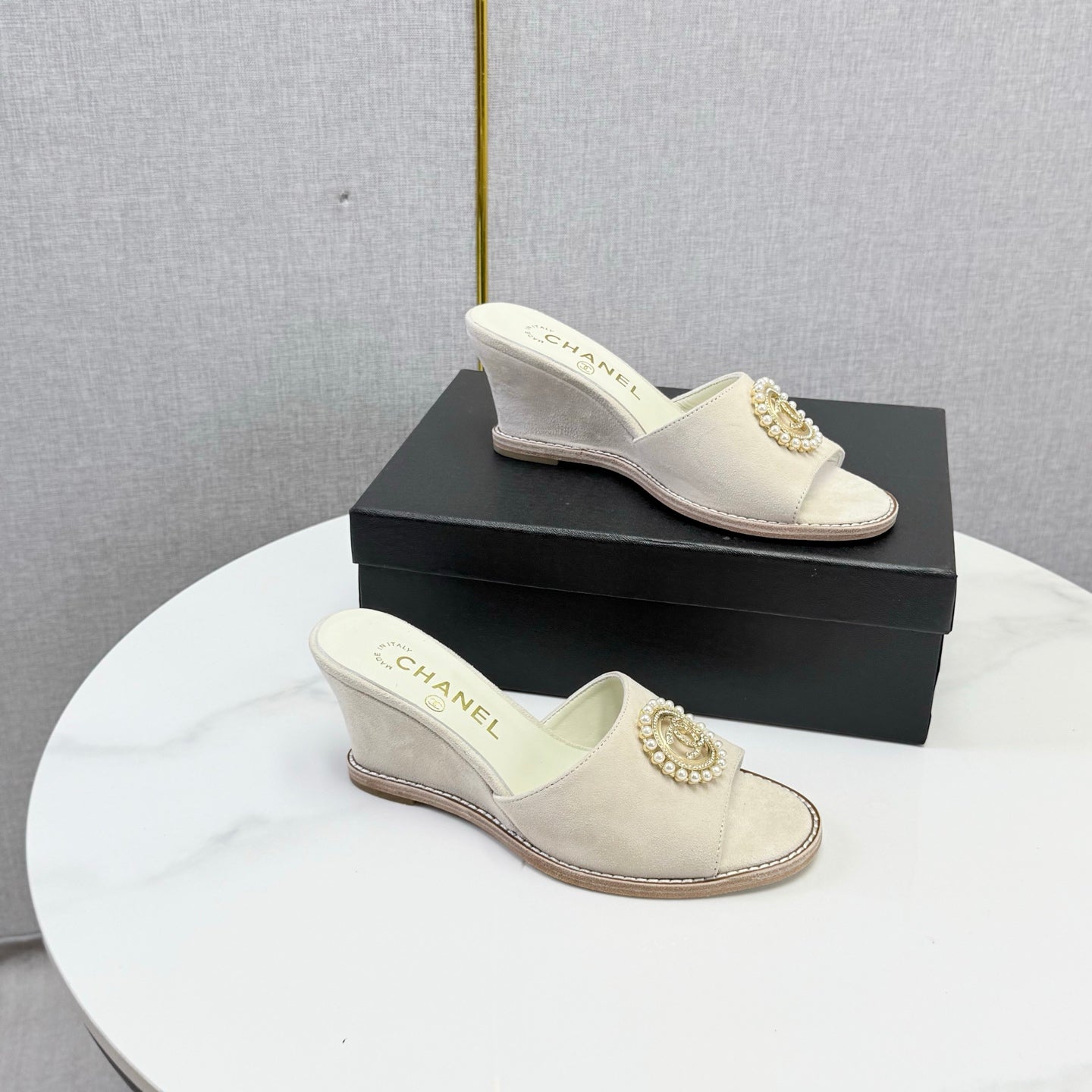 CHANEL 26S WEDGE HEELS IN LIGHT BEIGE SUEDE WITH CC PEARL EMBELLISHED