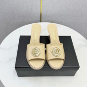 CHANEL 26S WEDGE HEELS IN BEIGE LAMBSKIN WITH CC PEARL EMBELLISHED