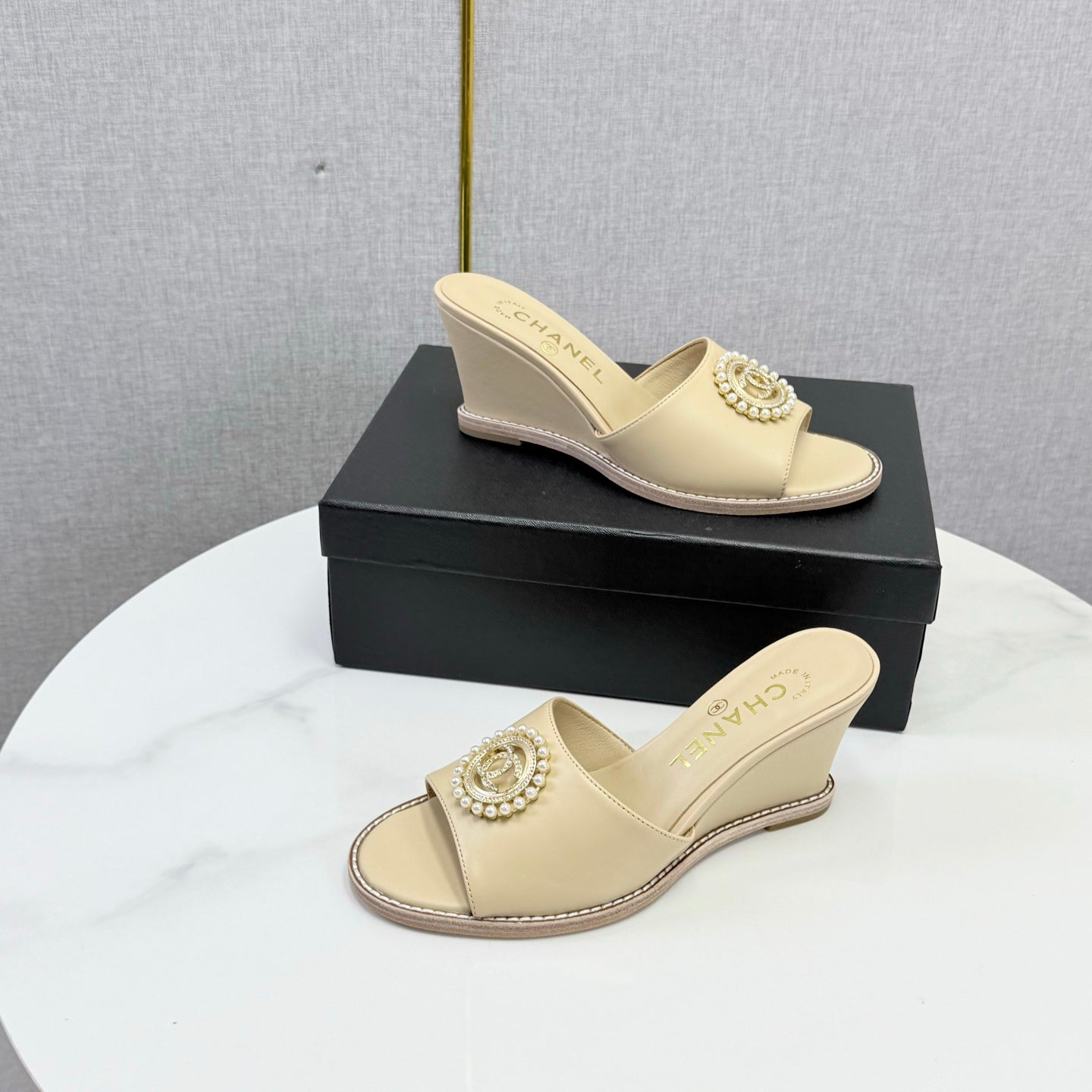 CHANEL 26S WEDGE HEELS IN BEIGE LAMBSKIN WITH CC PEARL EMBELLISHED