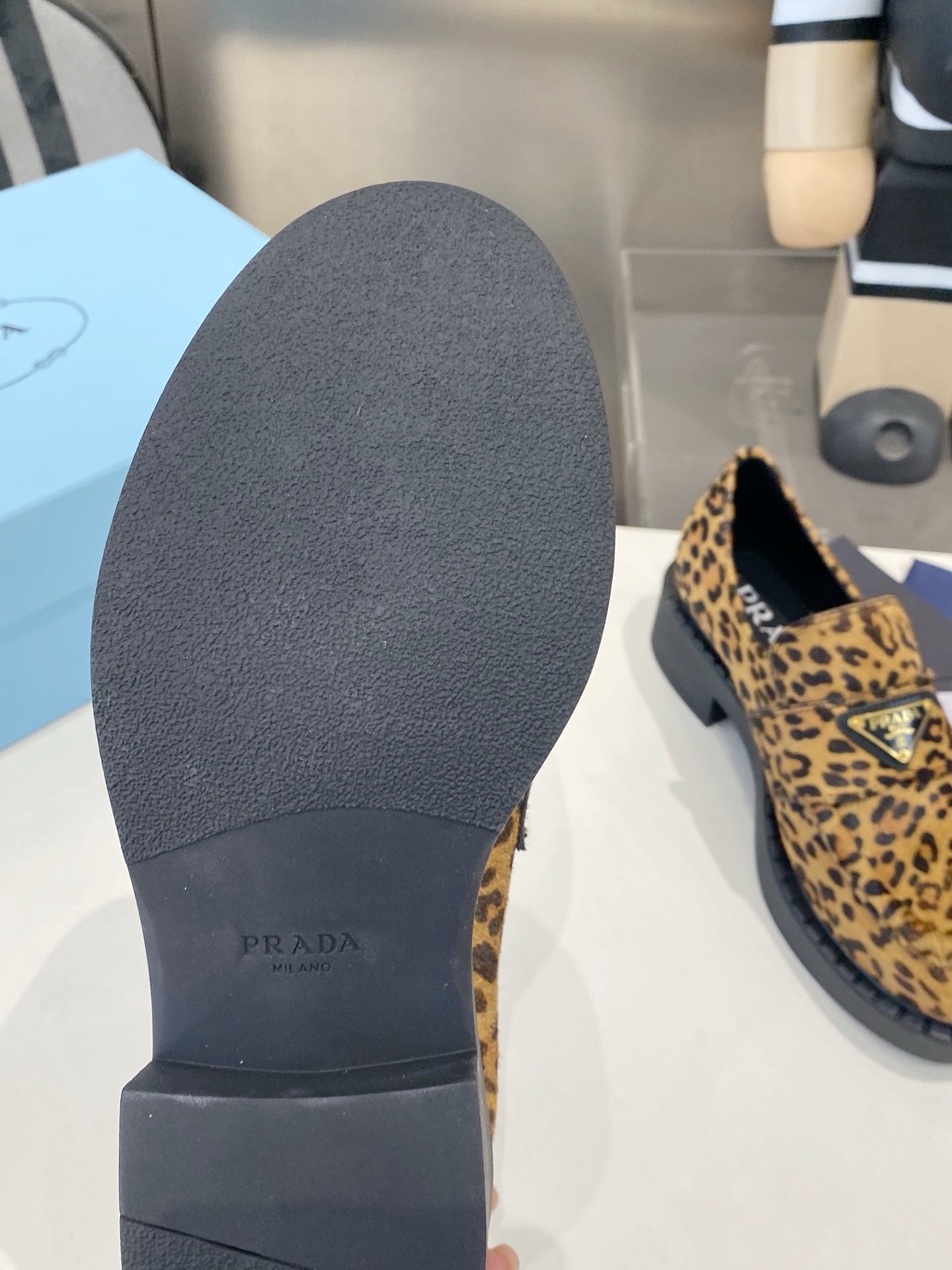 PRADA 26S LOAFERS IN BROWN LEOPARD PRINT PONY HAIR