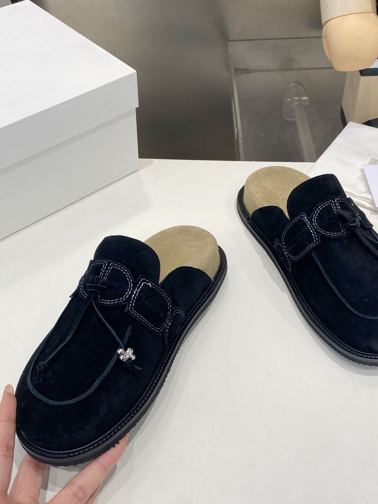 THE ROW 26S KNOT DETAIL MULE LOAFERS IN BLACK SUEDE