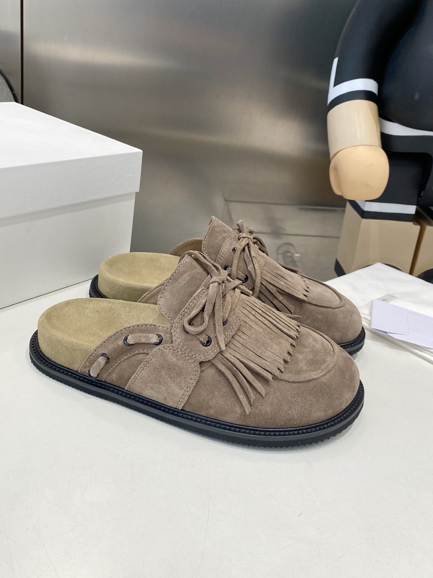 THE ROW 26S FRINGE LACE UP MULES IN TAUPE BROWN SUEDE