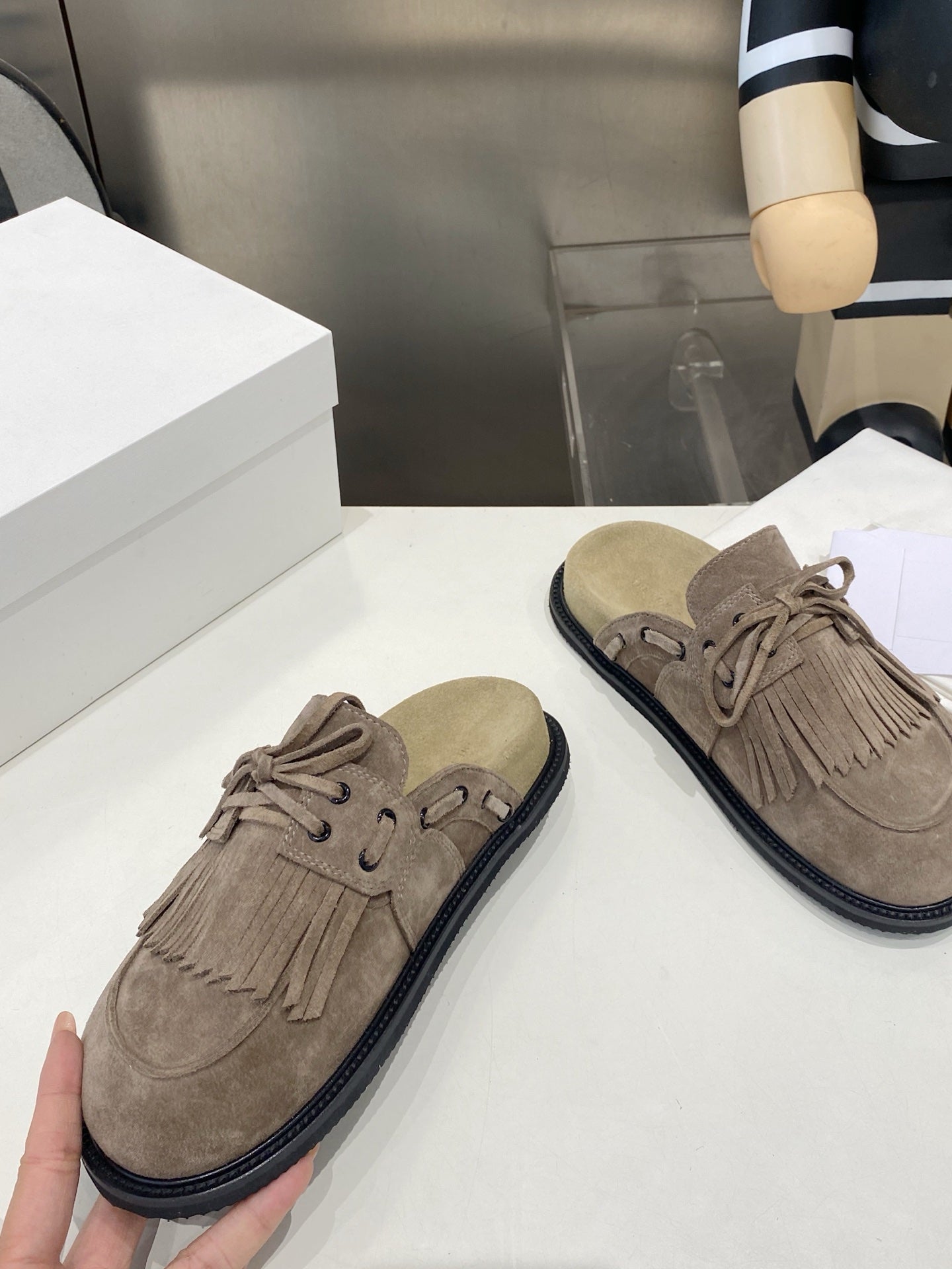 THE ROW 26S FRINGE LACE UP MULES IN TAUPE BROWN SUEDE