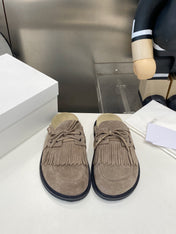 THE ROW 26S FRINGE LACE UP MULES IN TAUPE BROWN SUEDE