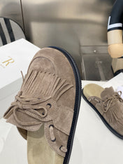 THE ROW 26S FRINGE LACE UP MULES IN TAUPE BROWN SUEDE