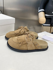 THE ROW 26S FRINGE LACE UP MULES IN SAND BEIGE SUEDE