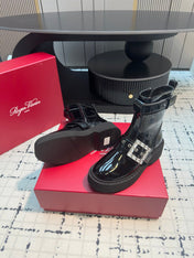 VIV' RANGERS BIKER BOOTIES IN BLACK PATENT CALFSKIN WITH METAL BUCKLE