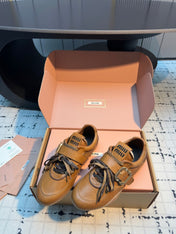 MIUMIU 26S LACE UP SNEAKERS IN BROWN CALFSKIN BUCKLE STRAP DETAIL