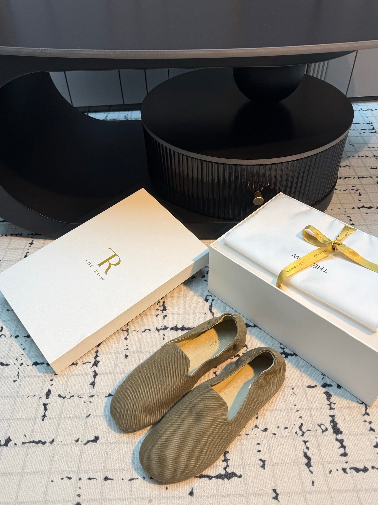 THE ROW 26S LOAFERS IN OLIVE GREEN CANVAS