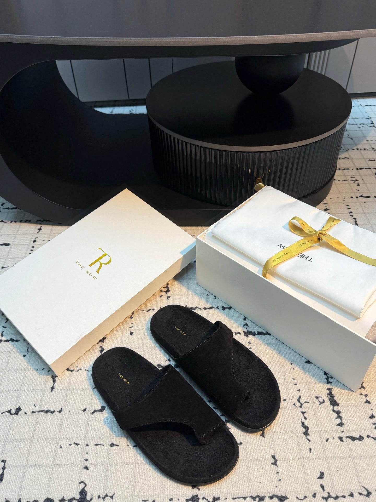 THE ROW 26S THONG SLIDE SANDALS IN BLACK SUEDE