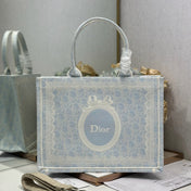 DIOR 26S BOOK TOTE BAG 36 IN LIGHT BLUE AND BEIGE BAYADERE FABRIC