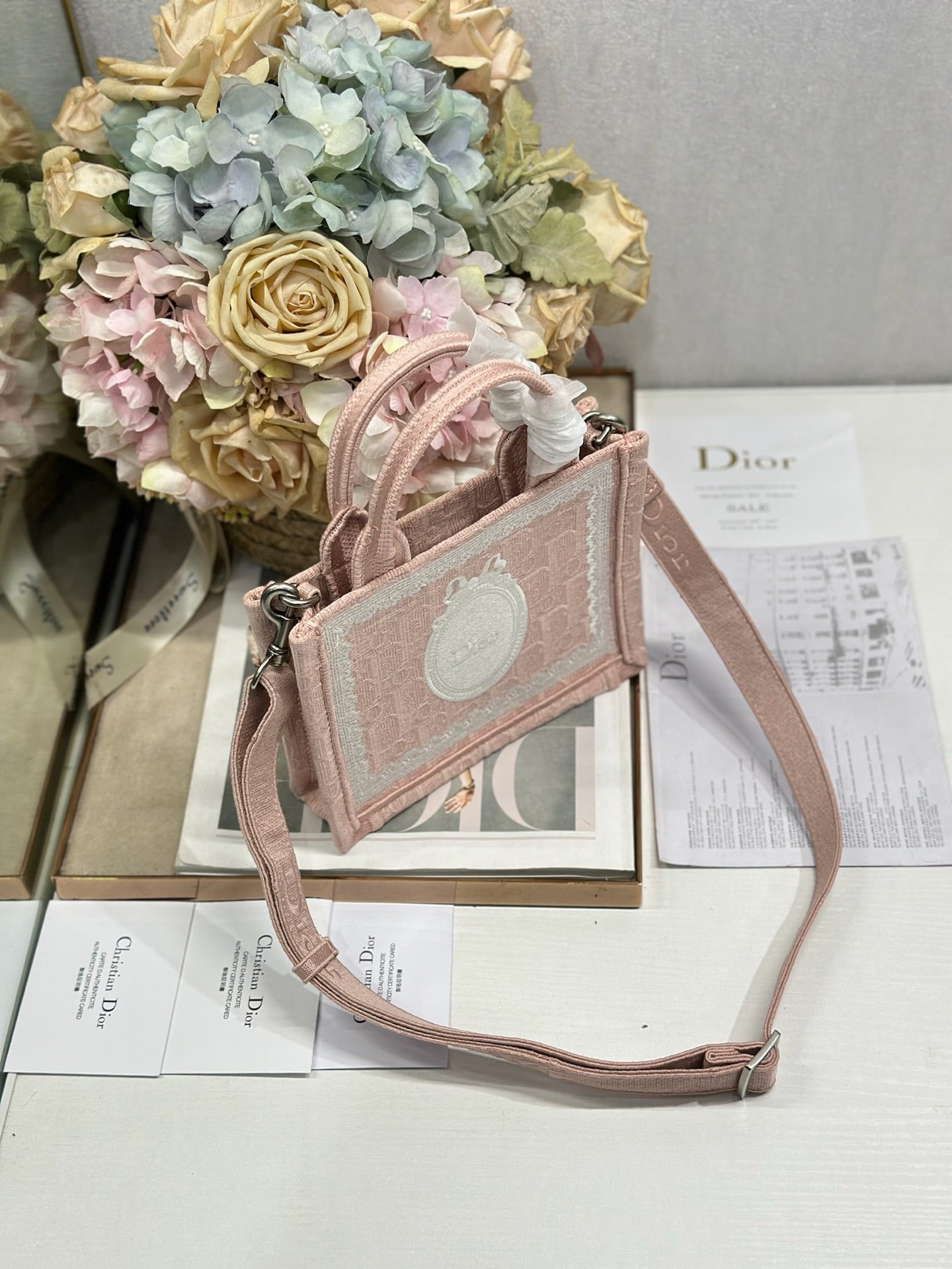 DIOR 26S  BOOK TOTE BAG 20 IN LIGHT PINK AND WHITE FABRIC