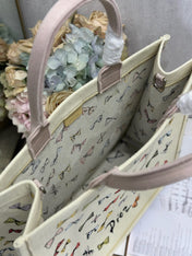 DIOR 26S LARGE BOOK TOTE 42 BEIGE WHITE BOW PRINT WOVEN FABRIC
