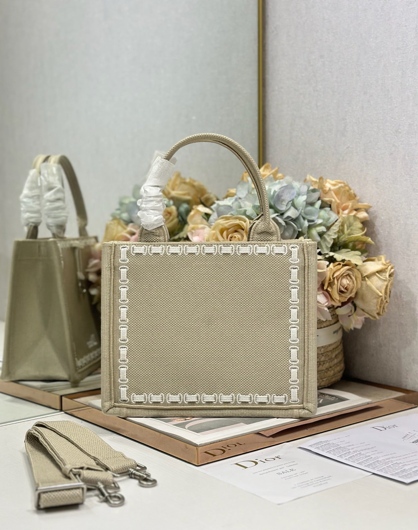 DIOR 26S MINI BOOK TOTE 26 IN BEIGE WOVEN FABRIC