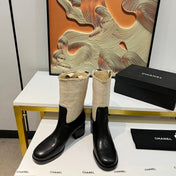 HIGH BOOTS 5.5 CM IN BLACK LAMBSKIN AND BEIGE FABRIC