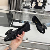 CHANEL 25S ROUND TOE BALLET FLATS WITH A BOW IN SPARKLING BLACK CANVAS