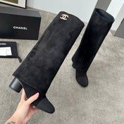 CHANEL 25S HIGH BOOTS 55MM IN BLACK SUEDE AND CANVAS GOLD HARDWARE