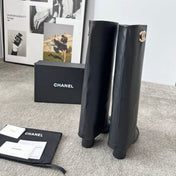 CHANEL 25S HIGH BOOTS 55MM IN BLACK CALFSKIN AND CANVAS GOLD HARDWRE