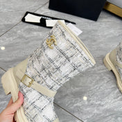 CHANEL 25S MID-CALF BOOTS 45MM IN BEIGE CALFSKIN AND WHITE TWEED GOLD HARDWARE