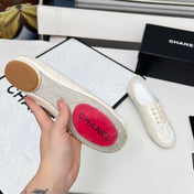 CHANEL 25S DANCE SHOES WITH PRINTED LOGO IN WHITE CALFSKIN