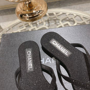 Double CC Rhinestone Flip  Flop Thongs Black Sheepskin