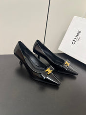 TRIOMPHE POINTED-TOE HIGH PUMPS IN BLACK SHINY CALFSKIN
