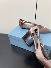 CUT-OUT PUMPS WITH BEAD BUCKLE IN HAZELNUT BEIGE SATIN