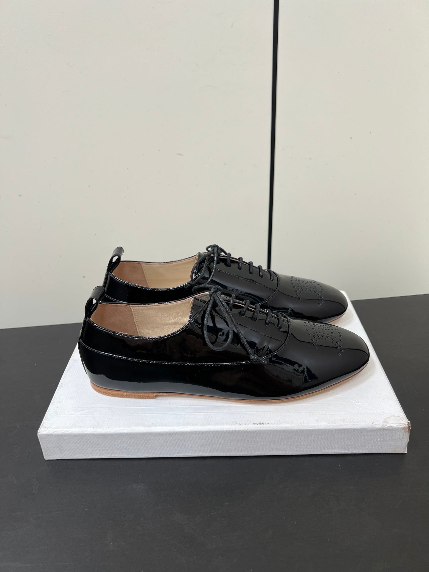 CELINE 26S MINIMAL LACE-UP SHOES IN BLACK GLOSSY CALFSKIN