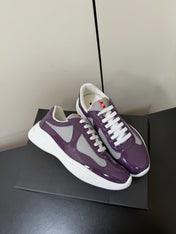 PRADA 26S SNEAKERS IN PLUM PURPLE PATENT CALFSKIN AND WHITE MESH