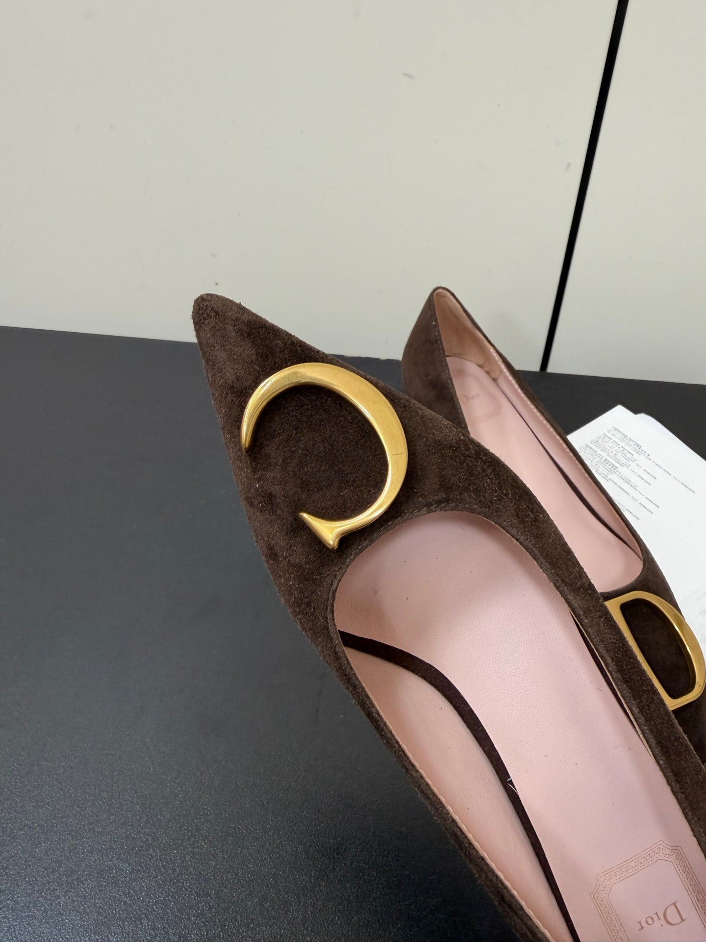 DIOR 26S POINTED-TOE HIGH HEELS 35MM IN DARK BROWN SUEDE GOLD HARDWARE