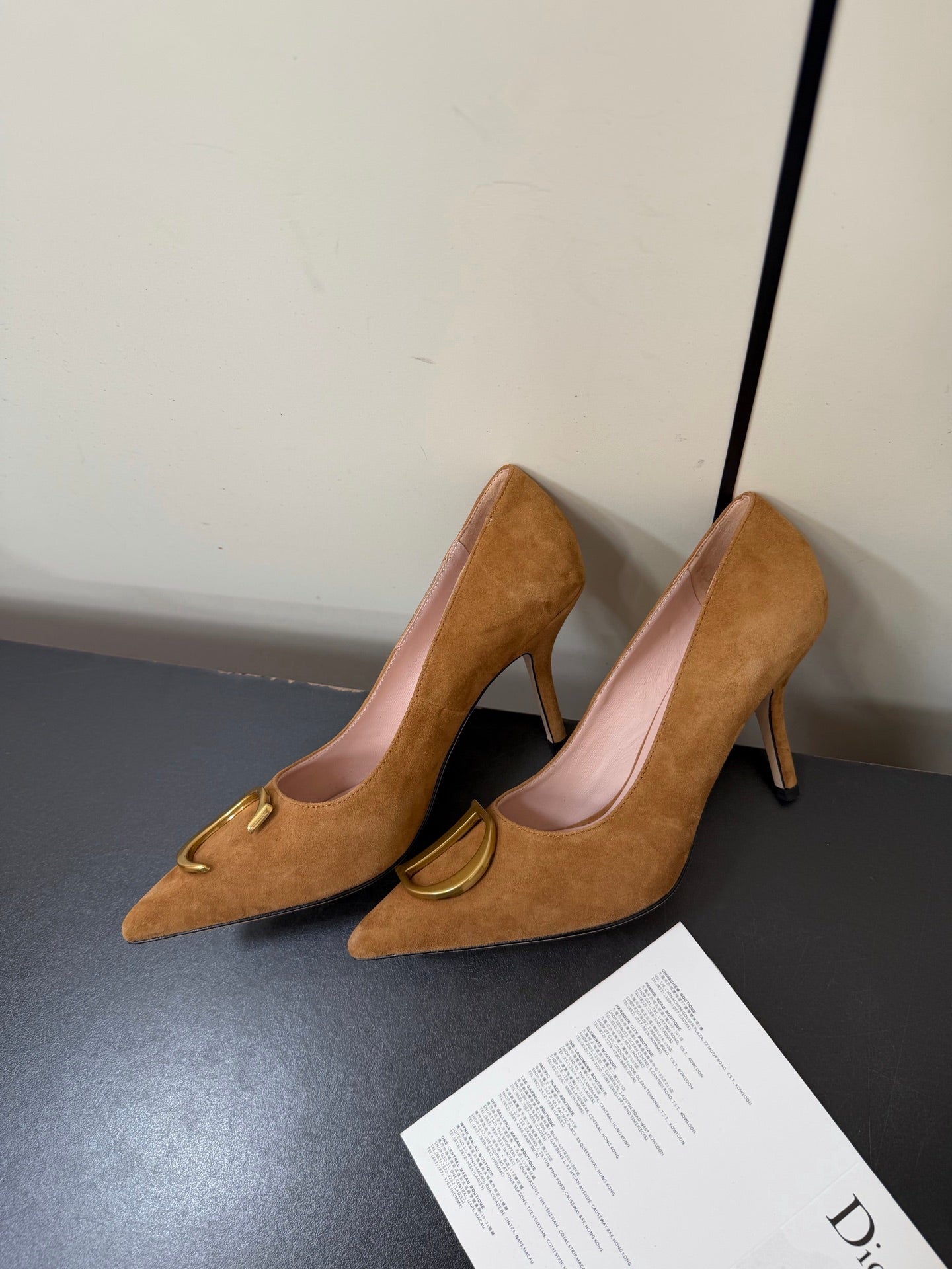 DIOR 26S POINTED-TOE HIGH HEELS 70MM IN TAN BROWN SUEDE GOLD HARDWARE