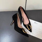 DIOR 26S POINTED-TOE HIGH HEELS 70MM IN BLACK SUEDE GOLD HARDWARE