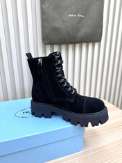 PRADA 25S MONOLITH BOOTS IN BLACK SUEDE