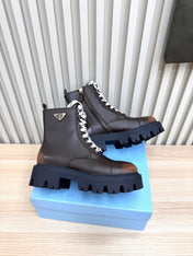 PRADA 25S MONOLITH BOOTS IN DARK BROWN CALFSKIN