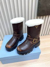 PRADA 25S MARTIN BOOTS IN DARK BROWN CALFSKIN FUR-LINED