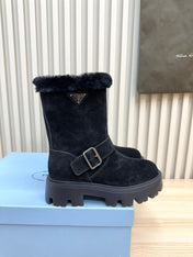 PRADA 25S MARTIN BOOTS IN DARK NAVY BLUE SUEDE FUR-LINED