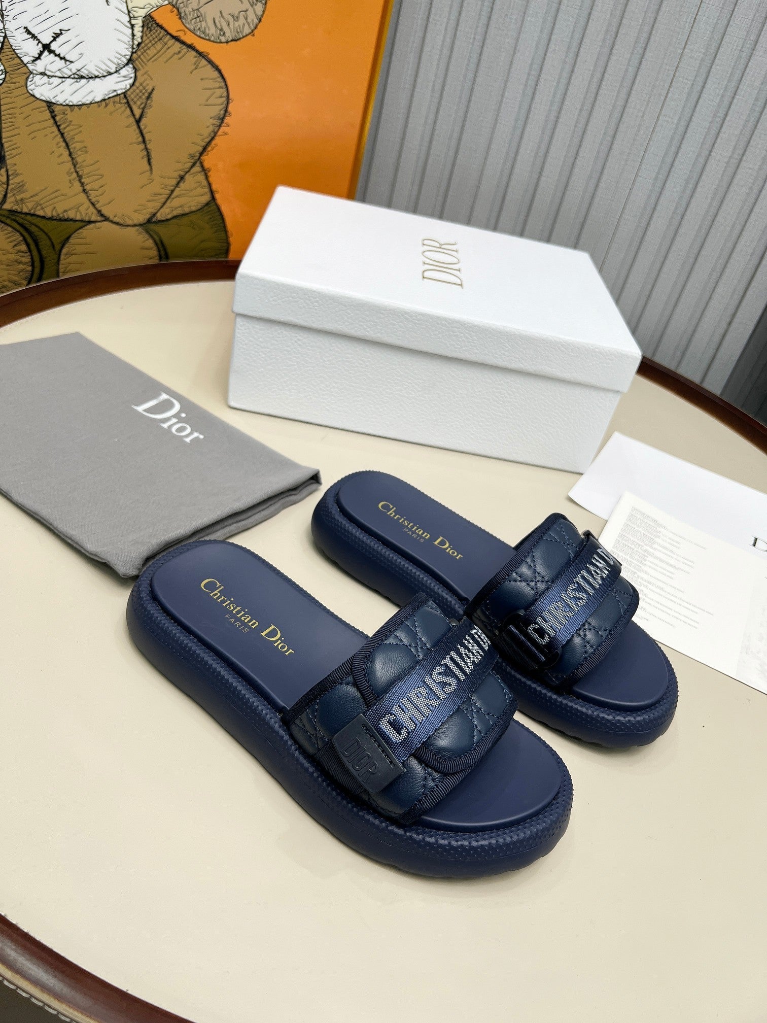 PLATFORM SLIDES 25S 50MM IN NAVY BLUE CALFSKIN AND ELECTRIC FABRIC