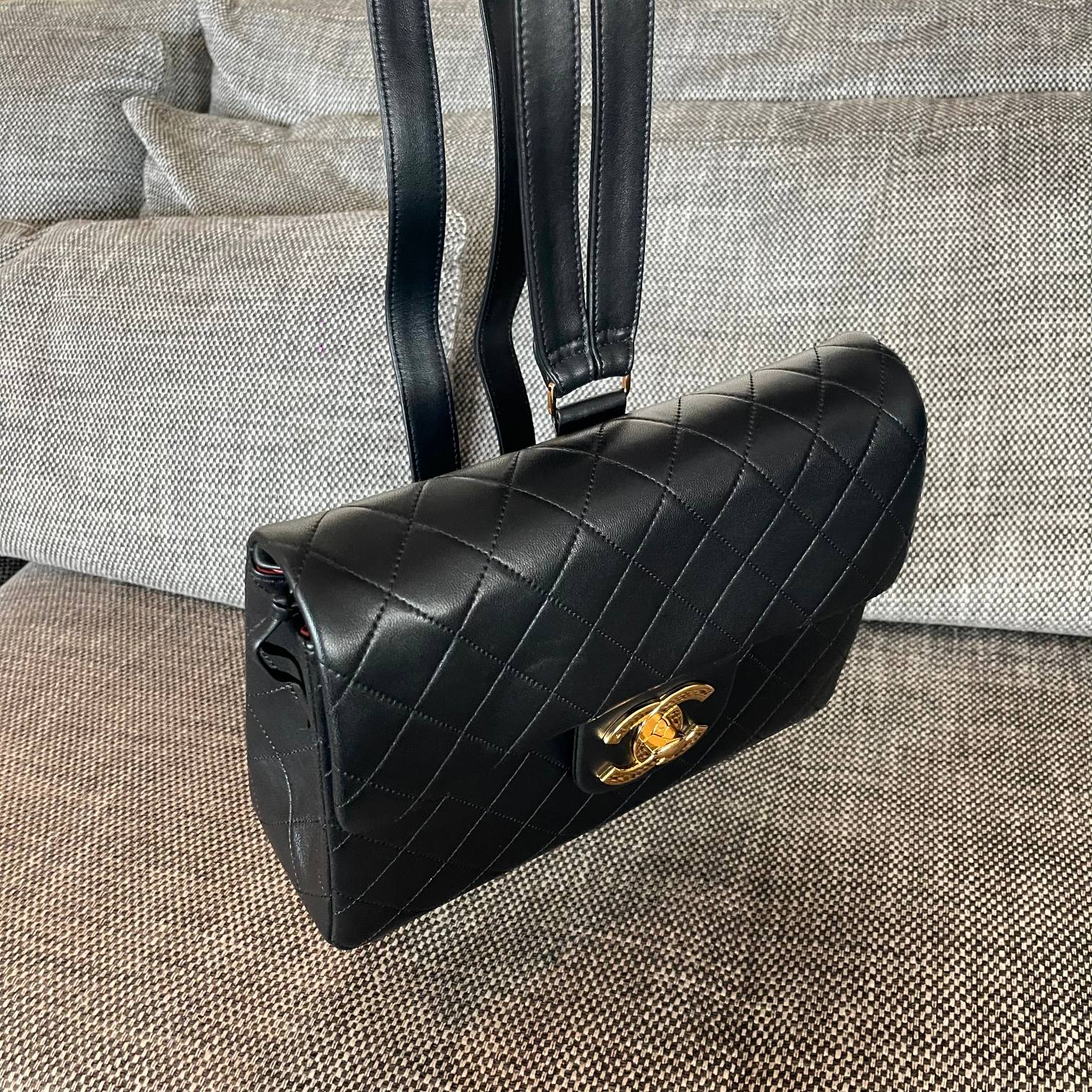 CHANEL 26S QUILTED FLAP BACKPACK 28 IN BLACK LAMBSKIN GOLD HARDWARE