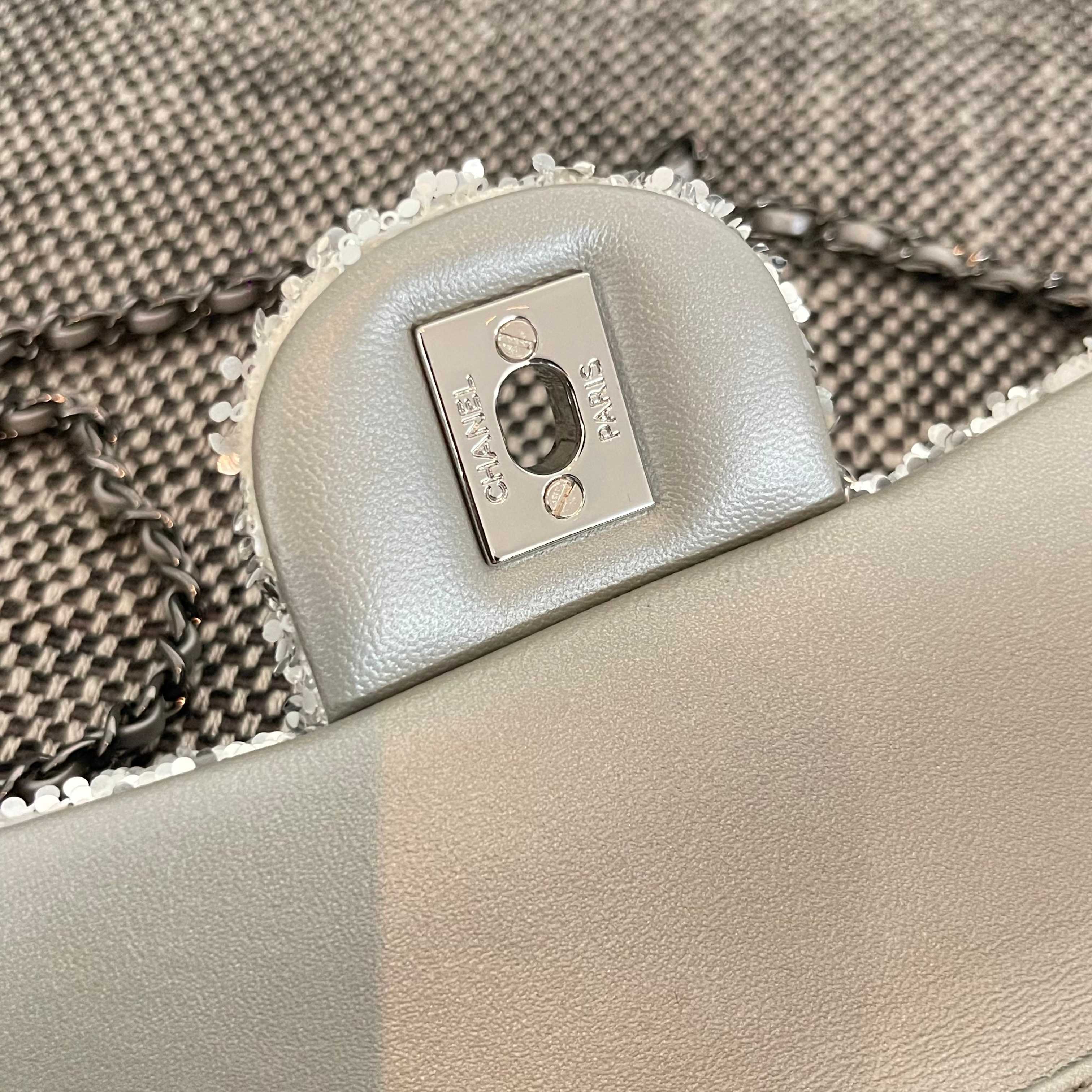 CHANEL 26S SEQUIN WOC 24 IN WHITE SILVER SEQUIN SILVER HARDWARE