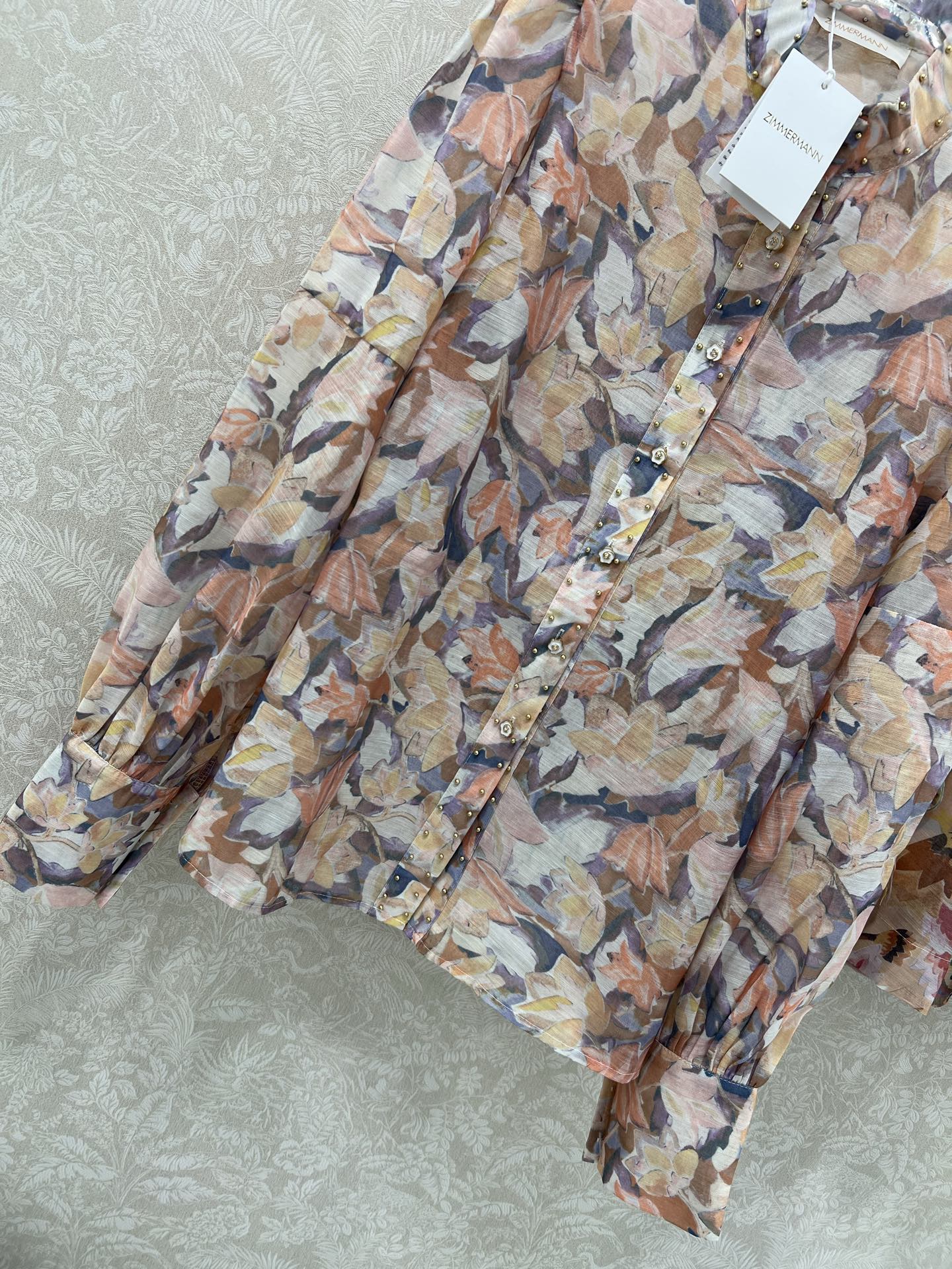 ZIMMER STAND-COLLAR PRINTED STUDDED TOP AND HIGH-WAIST FLARED SKIRT SET