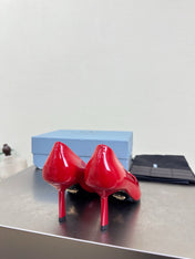 PRADA 26S POINTED TOE PUMPS 75MM IN RED PATENT CALFSKIN