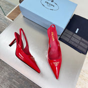 PRADA 26S SLINGBACK POINTED HEELS 75MM IN RED PATENT CALFSKIN