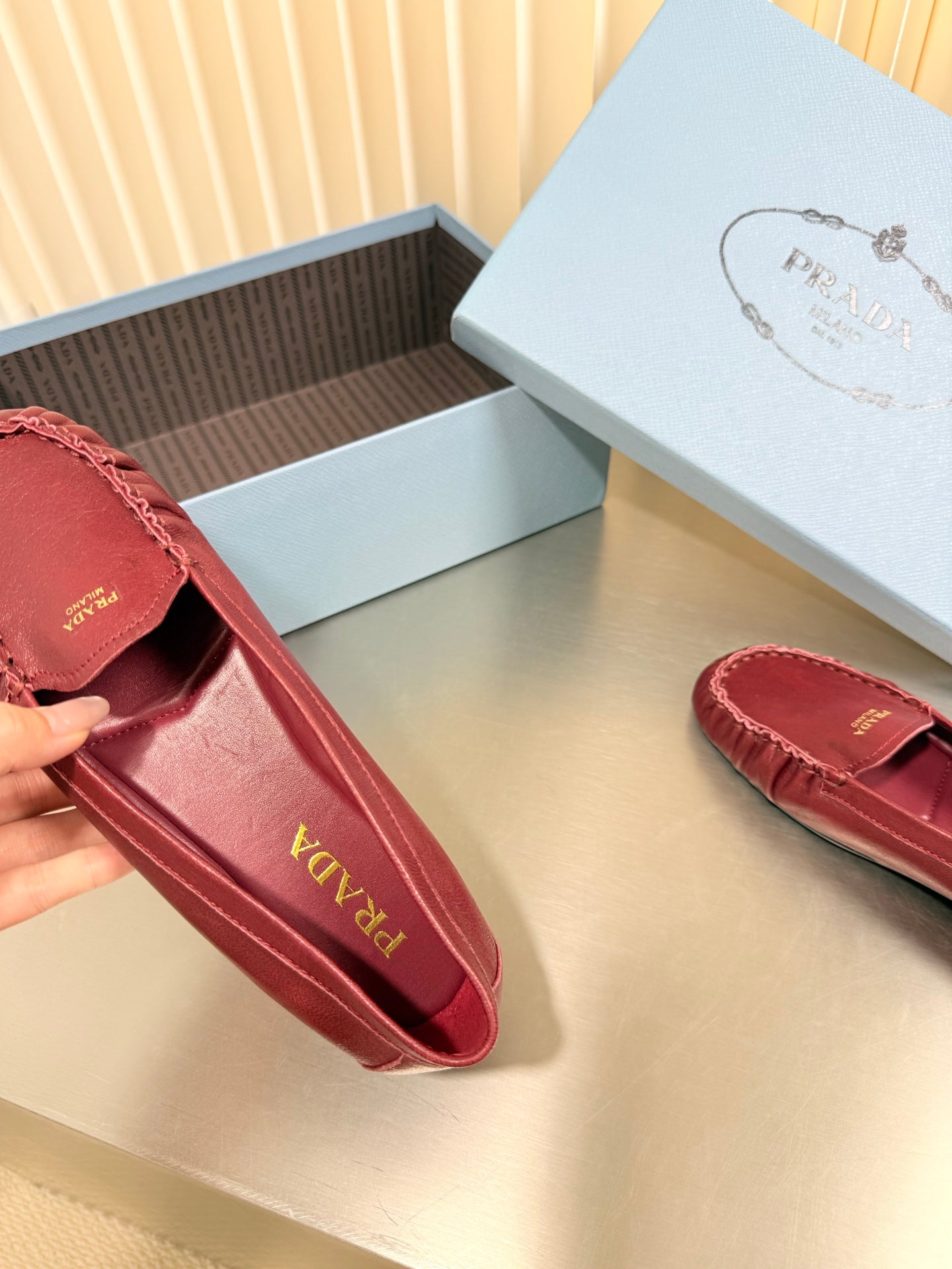 PRADA 26S CLASSIC LOAFERS IN DARK RED LAMBSKIN